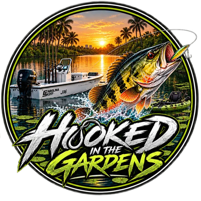 Hooked in the Gardens logo: a peacock bass jumping for a lure at sunset, with a Carolina skiff and palm trees